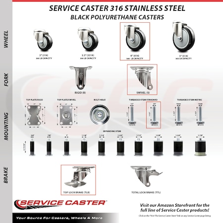 Service Caster 4 Inch 316SS Black Polyurethane Swivel 3/8 Inch Threaded Stem Caster with Brake SS316TS20S414-PPUB-BLK-TLB-381615